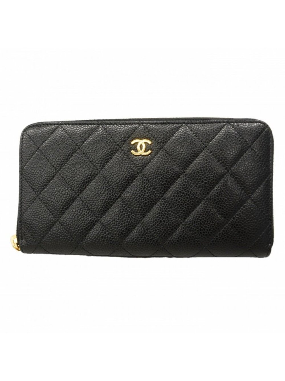 Chanel Wallet Quilted Caviar Leather Black Gold